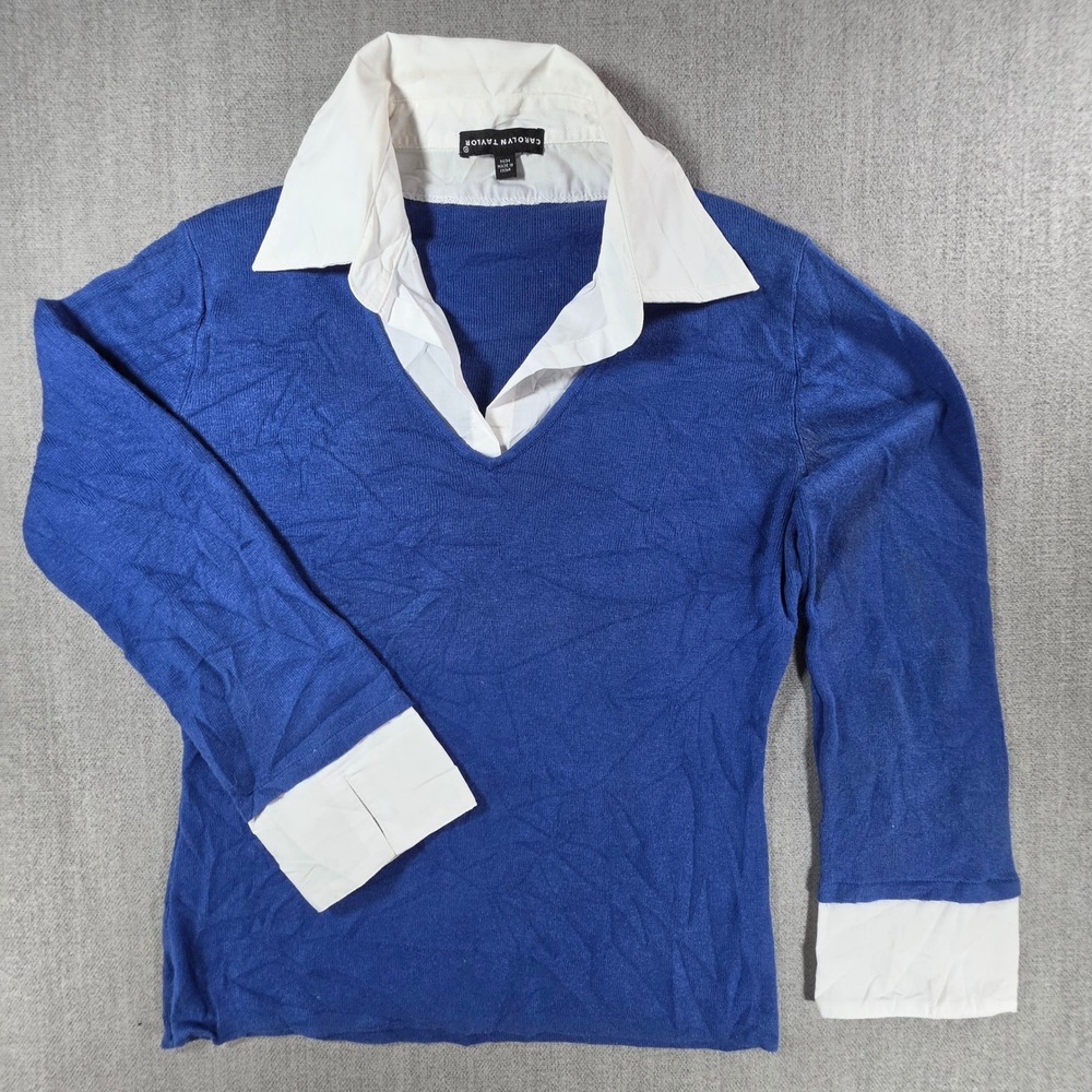 Carolyn Taylor Sweater Women Medium Blue Layered Look Collared V-Neck Knit Top